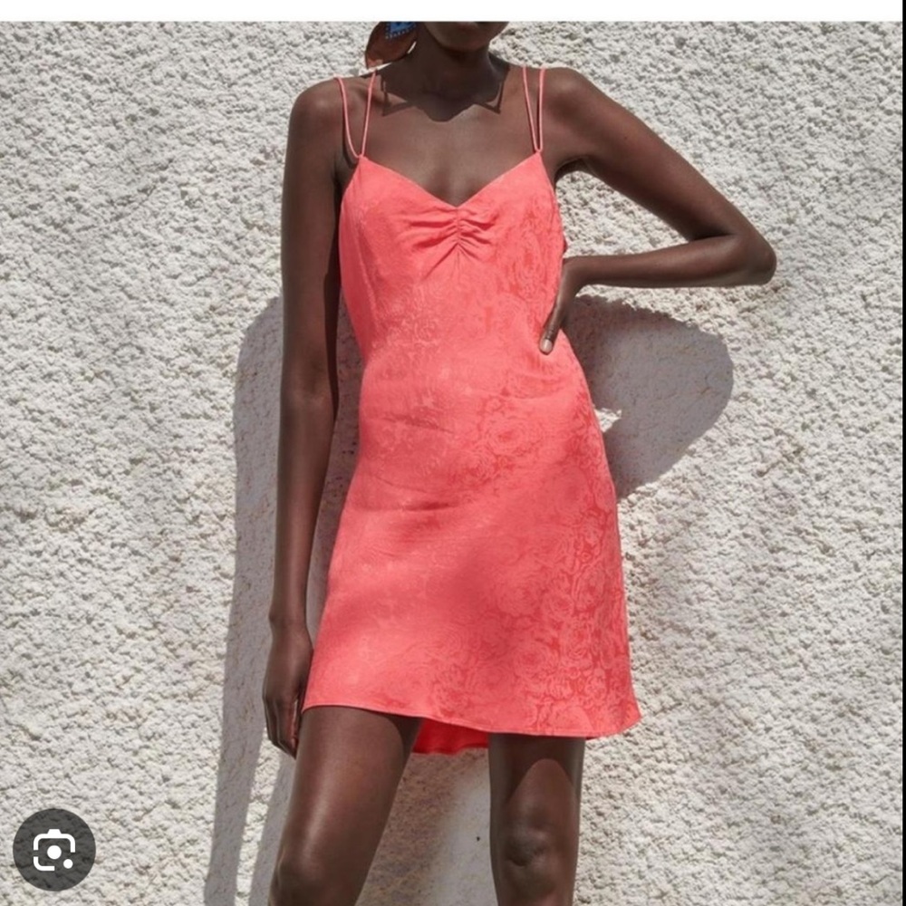 Zara | Coral Dress JACQUARD CHEMISE DRESS Size Small